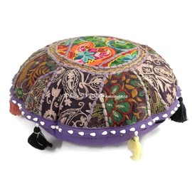 DK Homewares Ethnic Cotton Floor Cushion Cover Removable 45 x 45 cm Oriental Seat Cushion Bohemian Purple Patchwork Embroidered Home Decor Round Vintage Round Chair Cushion - 18 x 18 Inches