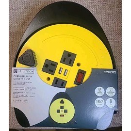 Utilitech NEW Extension Cord Reel 20' Cord Hand Wind Retractable 3 Outlets 2 USB Utilitech