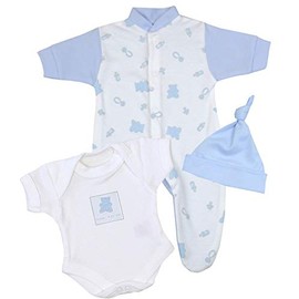 Premature Early Baby Boys Clothes 3 Piece Set - Sleepsuit, Bodysuit & Hat 3.5-5.5lb Blue Teddy 38-44cm