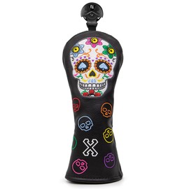 Golf Club Headcover Wood Cover Driver Fairway Wood Utility Hybrid Headcover with Number Tag Golf Headcover PU Leather Fashion Colorful Skull Embroidery Black (1 UT Cover)