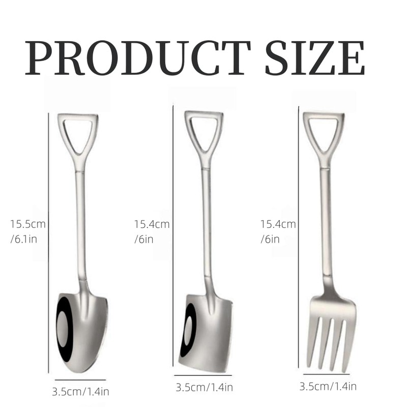 6 Pieces Small Shovel Spoon Fork Stainless Steel Dessert Spoons