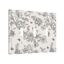 Country Black and White Floral Flowers Birds 3 Gang Light Switch Plate Decorative Triple Toggle Wall Plate Cover Electrical Faceplate for Bathroom Home Kitchen Bedroom Art Panel Decor