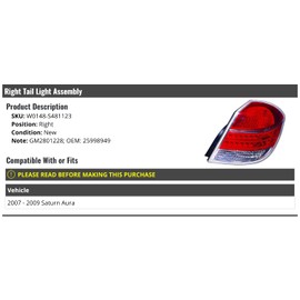 Marketplace Auto Parts Right Passenger Side Tail Light Assembly, Compatible with 2007-2009 Saturn Aura
