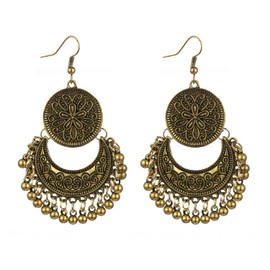 Boho Round Disc Flower Crescent Moon Beaded Ball Tassel Long Dangle Drop Earrings for Women Girls Bohemian Bali Vintage Chandelier Indian U Shaped Hook Dangling Hanging Trendy Jewelry Gifts (Gold)