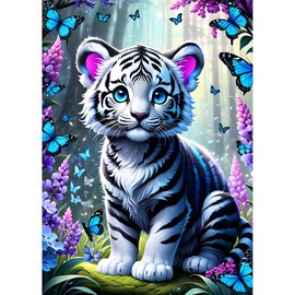 DPHERO Cute Tiger Diamond Painting Kits for Beginners Adults,5D DIY Flowers Diamond Art Kits,Round Full Drill Butterfly Diamond Painting Art,DIY Painting by Numbers Diamond Art Painting 12x16 inch