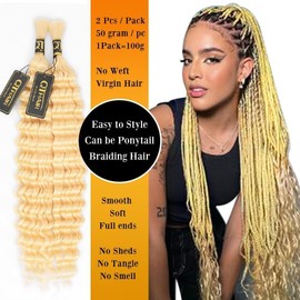 QTHAIR Deep Wave Bulk Human Hair for Braiding, 18 Inch, 200g, Blonde #613 16A Grade Human Bulk Hair for Micro Braiding No Weft, Curly Human Hair for Boho Braids, Knotless/Goddess/Bohemian/Gypsy
