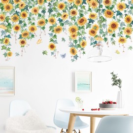 Haobase Sunflower Wall Sticker Flower Vines Hanging Wall Decal Green Leaves Floral Wall Art for Living Room Bedroom Home Decoration