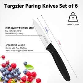 targzier Paring Knife Set of 6,Premium Paring Knives,Stainless Steel Vegetable&Fruit Knifes,Ultra Sharp Straight Edge Paring Knifes,PP Plastic Handle,Black Peeling Knives,Dishwasher Safe