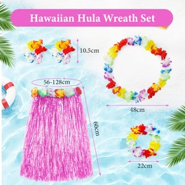 Aomig Hawaiian Grass Skirt Set, 5PC Hawaiian Garlands, Tropical Fancy Dress Hawaiian Headband Necklace Wristband Flower, Hawaiian Leis Set for Kids Adults Women Summer Beach Tropical Party(Pink-60cm)