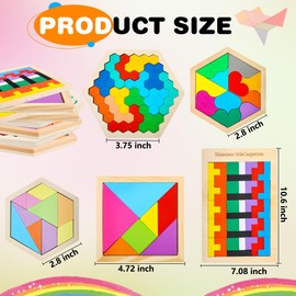 Swakuta 5 Pack Wooden Tangrams Puzzle set Wood Russian Blocks Tangram Puzzle Wooden Hexagon Puzzle Brain Teaser Puzzles for Adults Kids 3D Logic Intelligence IQ Game Gift