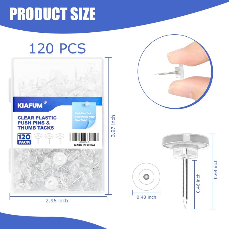 120 Count Clear Push Pin Tacks, Premium Thumb Tacks Steel