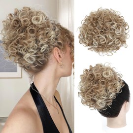 Flyroseing Elastic Drawstring Messy Bun Hair Piece, Short Curly Hair Bun Extensions, Blonde with Highlights Synthetic Fake Hair Curly Bun Hair Piece Clip for Women Hair Bun Extension
