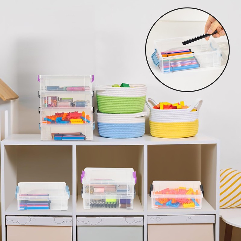 Clear Pencil Box Plastic Storage Containers 4 Pack, Latch Storage