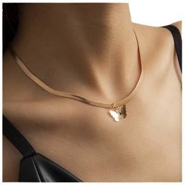 Yheakne Boho Butterfly Pendant Necklace Gold Herringbone Necklace Snake Chain Necklace Chunky Omega Chain Necklace Chain Jewelry for Women and Girls