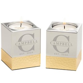 Personalization Universe Lavish Last Name Set of 2 Engraved Silver & Gold Hammered Metal Candle Holders