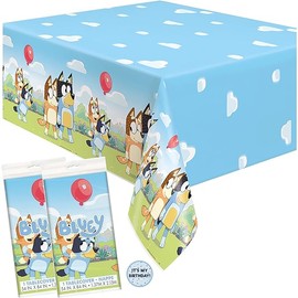 Unique Bluey Birthday Party Supplies - Rectangular Plastic Table Covers (Pack of 2) and Sticker