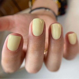 Yellow Press on Nails Short Square Fake Nails Solid Color False Nails with Design Acrylic Nails Artificial Glue on Nails Glossy Full Cover Stick on Nails for Women Girls Manicure Art Decoration 24Pcs