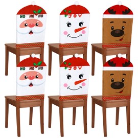 6 Pcs Christmas Back Chair Cover Santa Hat Felt Chair Back Covers Santa Snowman Elk Chair Back Covers for Xmas Banquet Home Kitchen Dining Room Decor Christmas Dining Chair Slipcovers (Cute)