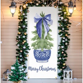 KRHFG Blue Chinoiserie Christmas Tree Door Cover Decorations, Coquette Blue Bow Xmas Tree Door Curtains Banners Photography Backdrop for Doorways Indoor Outdoor Winter Holiday Decoration, 35*79 Inch