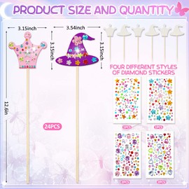 Juexica 24 Pcs Fairy Wands Kit Including 12 Unfinished Wood Crown Wands, 12 Witch Hat Sticks and 6 Sheets Gem Stickers for Witch and Princess Birthday Party Favors Decorations DIY Craft Gift, 2 Styles