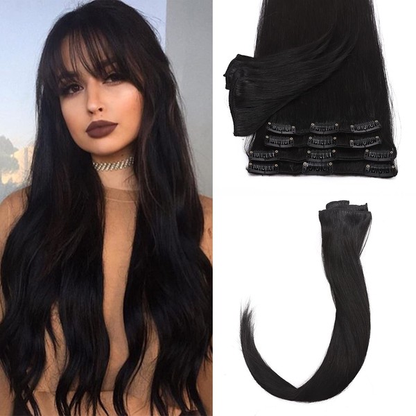 Silk-co Real Hair Clip-In Extensions 8 Wefts 18 Clips 80 g Black Hair Extensions Remy Real Hair Clip-In Extensions 01# Jet Black 60 cm