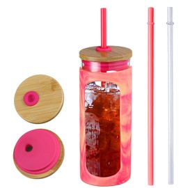 Kodrine 20oz Glass Water Bottle with Straw and Lid,Bamboo Lids Water Tumbler, Iced Coffee Cup Reusable, Wide Mouth Smoothies Cup, Straw Silicone Protective Sleeve BPA FREE-Red Yellow