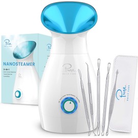 Pure Daily Care NanoSteamer Grande 3 en 1 Vaporizador Facial Nano Iónico con Control Preciso de Temperatura - Humidificador - Desobstruye los Poros - Puntos Negros - Calidad de Spa - Kit Adicional de