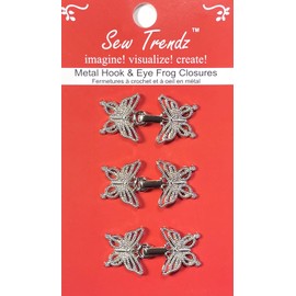 SEW Trendz Metal Frogs Button Sew On Closures Clasp Clip Hook & Eye Sewing Renaissance Costumes Cloak Cape Jacket - Butterfly Filigree Design- Silver- 3 Pairs/pk