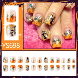 LBPEPAMZ 24Pcs Fall Press on Nails Short Square Fake Nails Orange Pumpkin French Tip Acrylic False Nails Gold Glitter Full Cover Glossy Glue on Nails Autumn Maple Stick on Nail for Women Thanksgiving