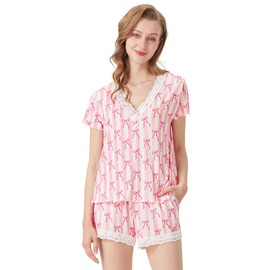 DREAMHALO Women's Pajamas Set Viscose from Bamboo Pjs with Shorts Short Sleeve Sleepwear Soft Loungewear Pajama S-XXL Bow L