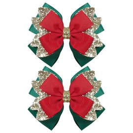 3.5 Inch Hair Bow Clips Handmade Grosgrain Ribbon Hairpins Sparkly Glitter Alligator Clip Hair Accessories for Girls, Dark Green&Goldenk&Red