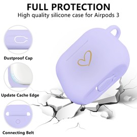 AIIEKZ Compatible with AirPods 3 Case Cover 2021, Soft Silicone Case with Gold Heart Pattern for AirPods 3rd Generation Case with Rhinestone Studded Love Heart Keychain (Purple)