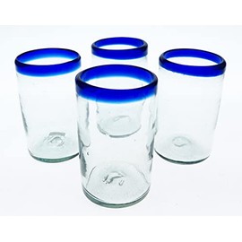 Eye4Art Mexican Glass Classic Blue Rim Tumblers Handblown Recycled glass Set of 4 16 oz filled to the rim