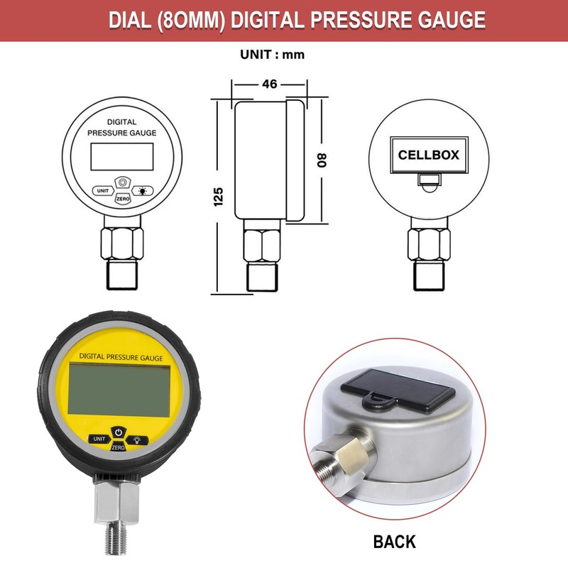 Digital Hydraulic Pressure Gauge 10000 PSI/700BAR with 1/4-Inch NPT Connector,