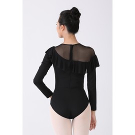 Dance Elite - Callan - Long Sleeve Dance Leotard with Slanted Ruffles Around Mesh Shoulder For Women (Black, Adult XS)