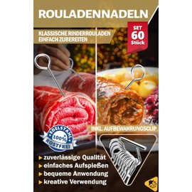 Menz Set of 60 roulade needles, stainless steel, 10 cm long roulade skewers with grip eyelet and sharp tip as a practical replacement for roulade clips