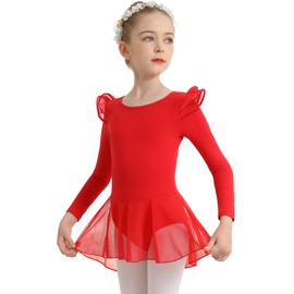 DANSHOW Girls Ballet Leotard for Dance Long Sleeve Water-drop Hollow Back Mesh Skirt Dance Leotard(Toddler/Little Girl/Big Girl)(23823-04-M)