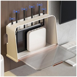 PZPIUGY WiFi Router Storage Box, Router Shelf, WiFi Router Storage Box, Wall Shelves, Floating Shelves, Wall Mounting, Wall Mounting, Cable Storage Shelf (Transparent Panel + Beige)