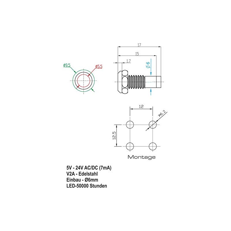 LED Indicator Light - 6 mm - V2A Stainless Steel