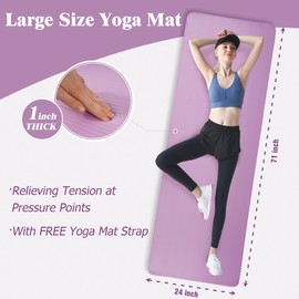 Fitvids Yoga Mat 1-Inch Extra Thick High-Density Exercise Mat with Non-Slip Surface & Carry Strap for Men & Women Tear-Resistant Pilates Workout Mat for Home Gym, Floor Fitness, Taro Purple