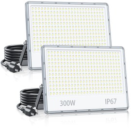 TOPAUBUB 300W Flood Lights Outdoor 2 Pack, 20000LM Plug in Flood Light Outdoor with 6.56FT Cable US Plug, Driver, 7000K IP67 Exterior Security Light Stadium Lights for Stadium Yard Backyard Garden