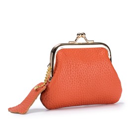 Kaaipee Coin Purse with Drawstring Genuine Leather Coin Case Cute Mini Pouch Men's Women's, orange, Small