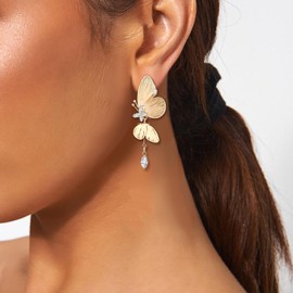 BriLove Cubic Zirconia Butterfly Clip-on Earrings for Women Ear Drop Dangling Wedding Party Prom Daily Wear Trendy Jewelry Accessory Clear Gold-Tone