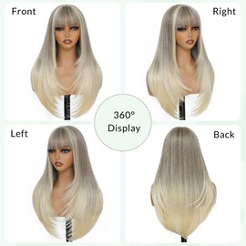 YKHJH Ombre Blonde Wig with Bangs,Ash Blonde Wigs for White Women,28 Inch Long Straight Synthetic Heat Resistant Hair,Womens Wigs for Daily Use (Ombre Blonde)