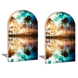 Beach Sunset Palm Tree Book Ends Decorative Wood Bookends for Shelves Kids Room Desk Home Office Book Stoppers for Magazines,Books, DVDs, 1 Pair/2 Pieces(5x3.1 in)