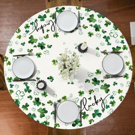 Siilues St Patricks Day Fitted Tablecloth Best for 45"-56" Round, Lucky Shamrock Home Decor Table Cloth Green Seasonal Spring Table Cover