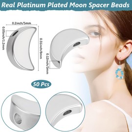 Beebeecraft 1 Box of 50 Silver Moon Beads Real Platinum Plated Brass Half Moon Spacer Moon Bead for Jewellery Making Bracelets DIY Crafts