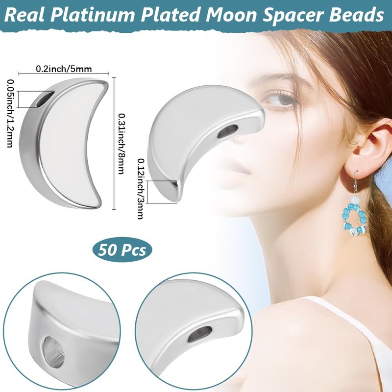 Beebeecraft 1 Box of 50 Silver Moon Beads Real Platinum