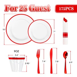 175PCS Clear and Red Disposable Silverware Sets for 25 Guests for Party