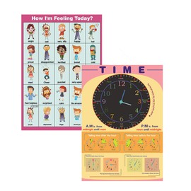 Set of"How I'm Feeling Today?" &"Telling Time"Posters for Toddler and Kid.Perfect Educational Tool and Classroom Decorations for Classroom, Homeschool,Teachers and Parents(17x24in)